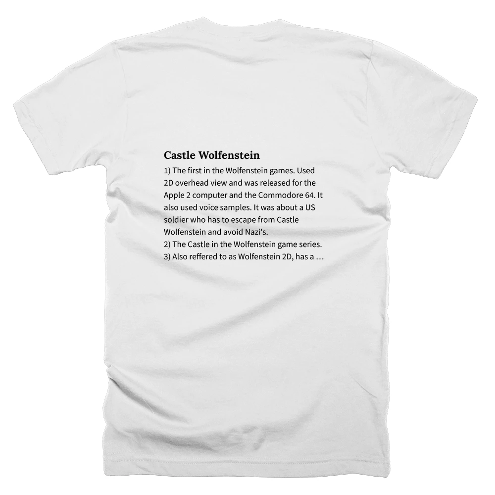 T-shirt with a definition of 'Castle Wolfenstein' printed on the back