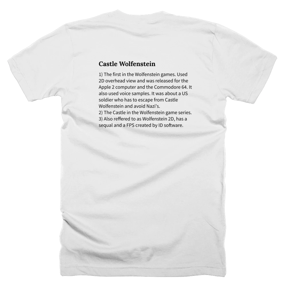 T-shirt with a definition of 'Castle Wolfenstein' printed on the back