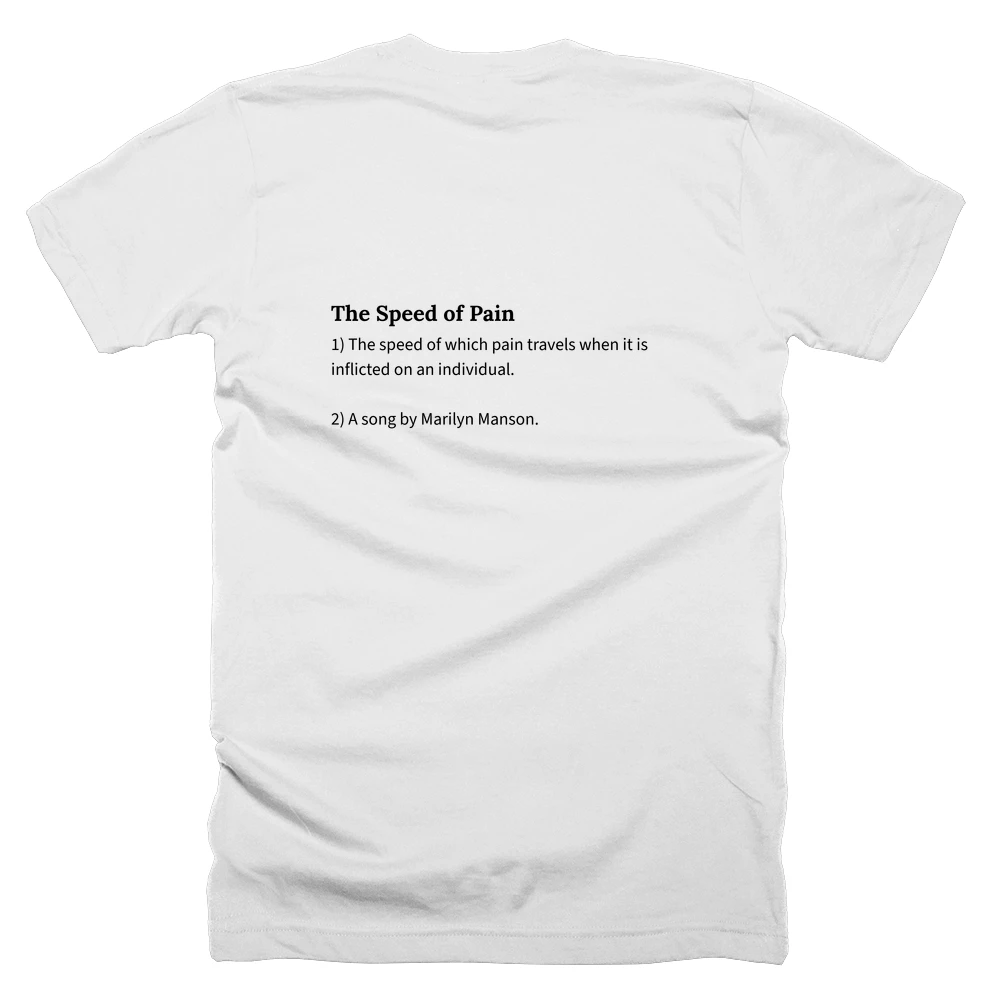 T-shirt with a definition of 'The Speed of Pain' printed on the back