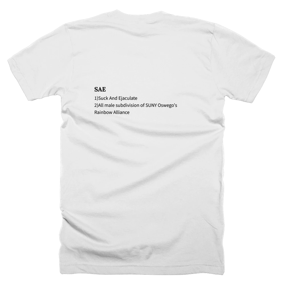 T-shirt with a definition of 'SAE' printed on the back