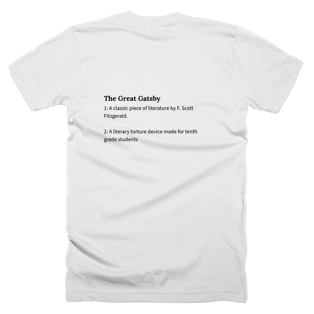 T-shirt with a definition of 'The Great Gatsby' printed on the back