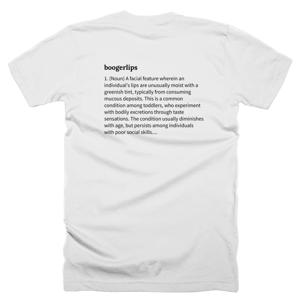 T-shirt with a definition of 'boogerlips' printed on the back