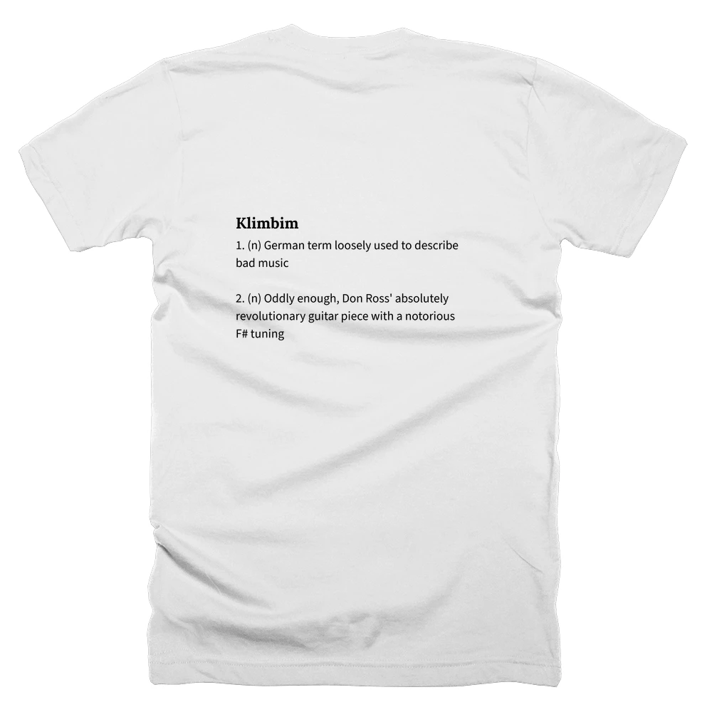 T-shirt with a definition of 'Klimbim' printed on the back