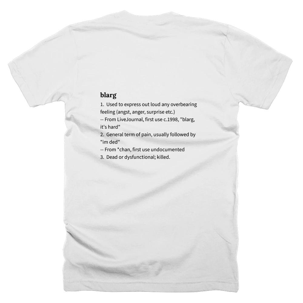 T-shirt with a definition of 'blarg' printed on the back