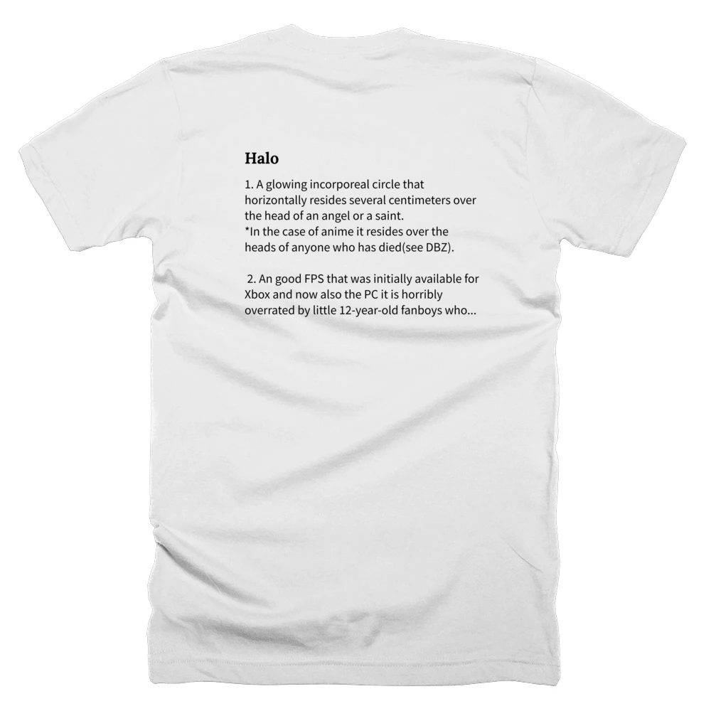 T-shirt with a definition of 'Halo' printed on the back