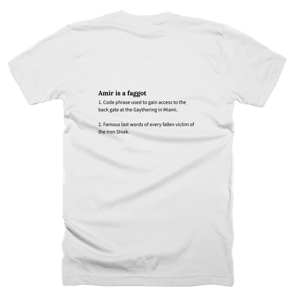 T-shirt with a definition of 'Amir is a faggot' printed on the back