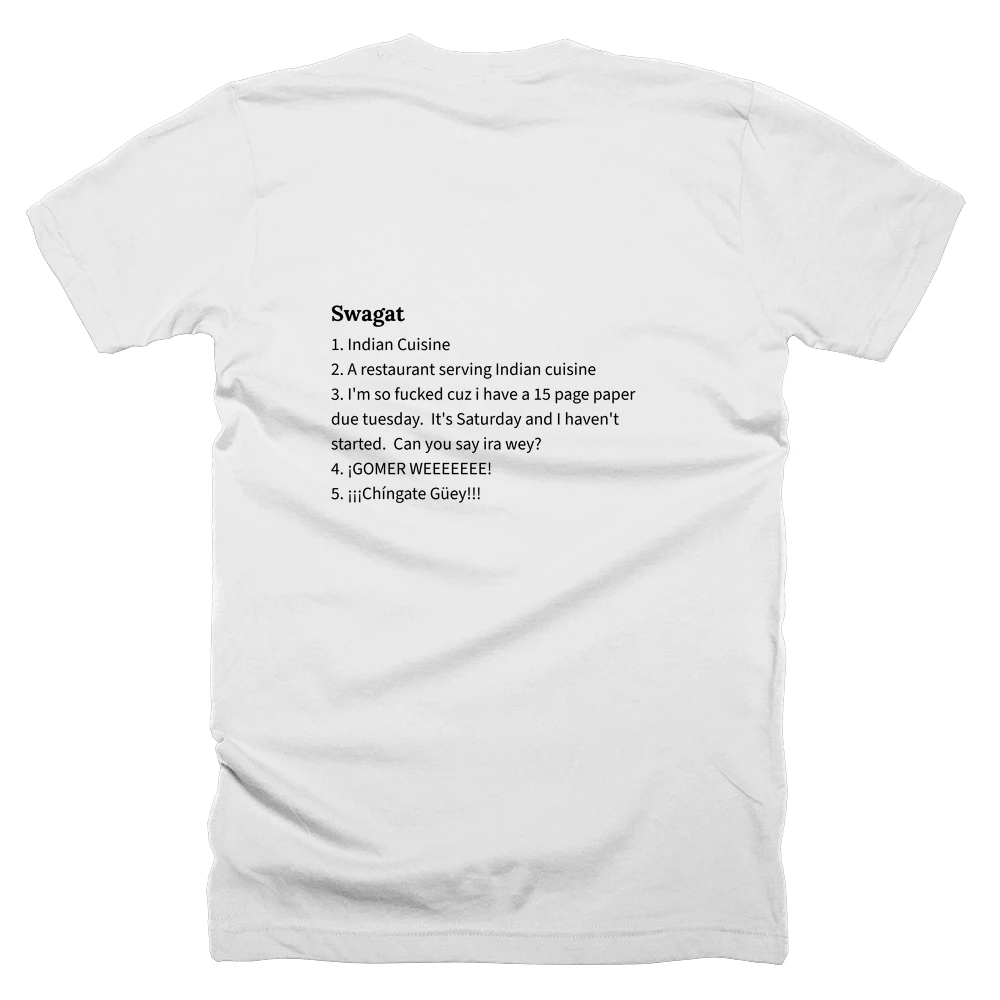 T-shirt with a definition of 'Swagat' printed on the back