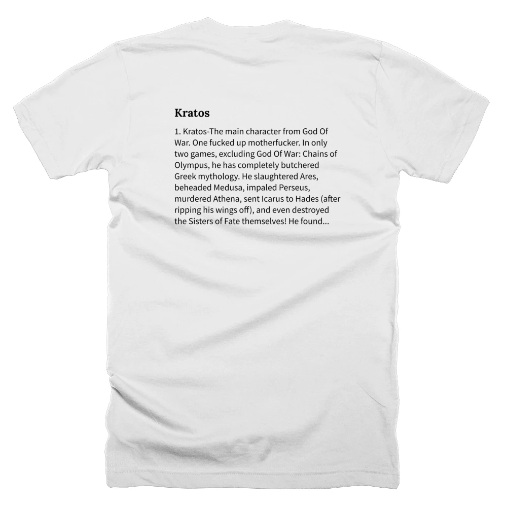 T-shirt with a definition of 'Kratos' printed on the back