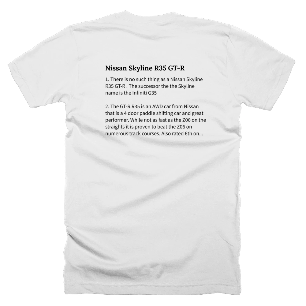 T-shirt with a definition of 'Nissan Skyline R35 GT-R' printed on the back