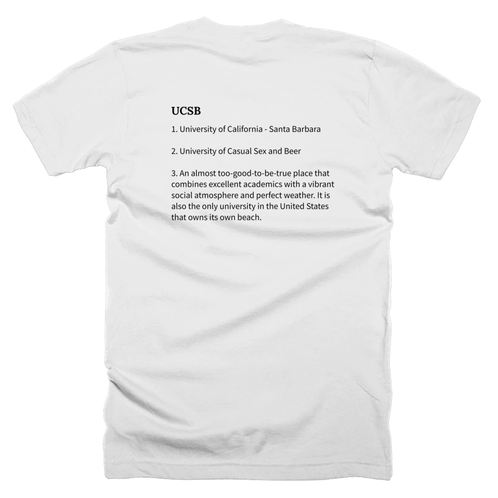 T-shirt with a definition of 'UCSB' printed on the back