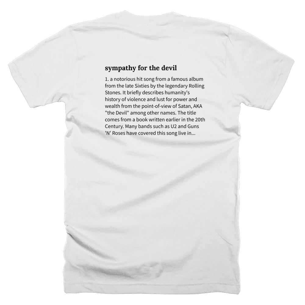 T-shirt with a definition of 'sympathy for the devil' printed on the back