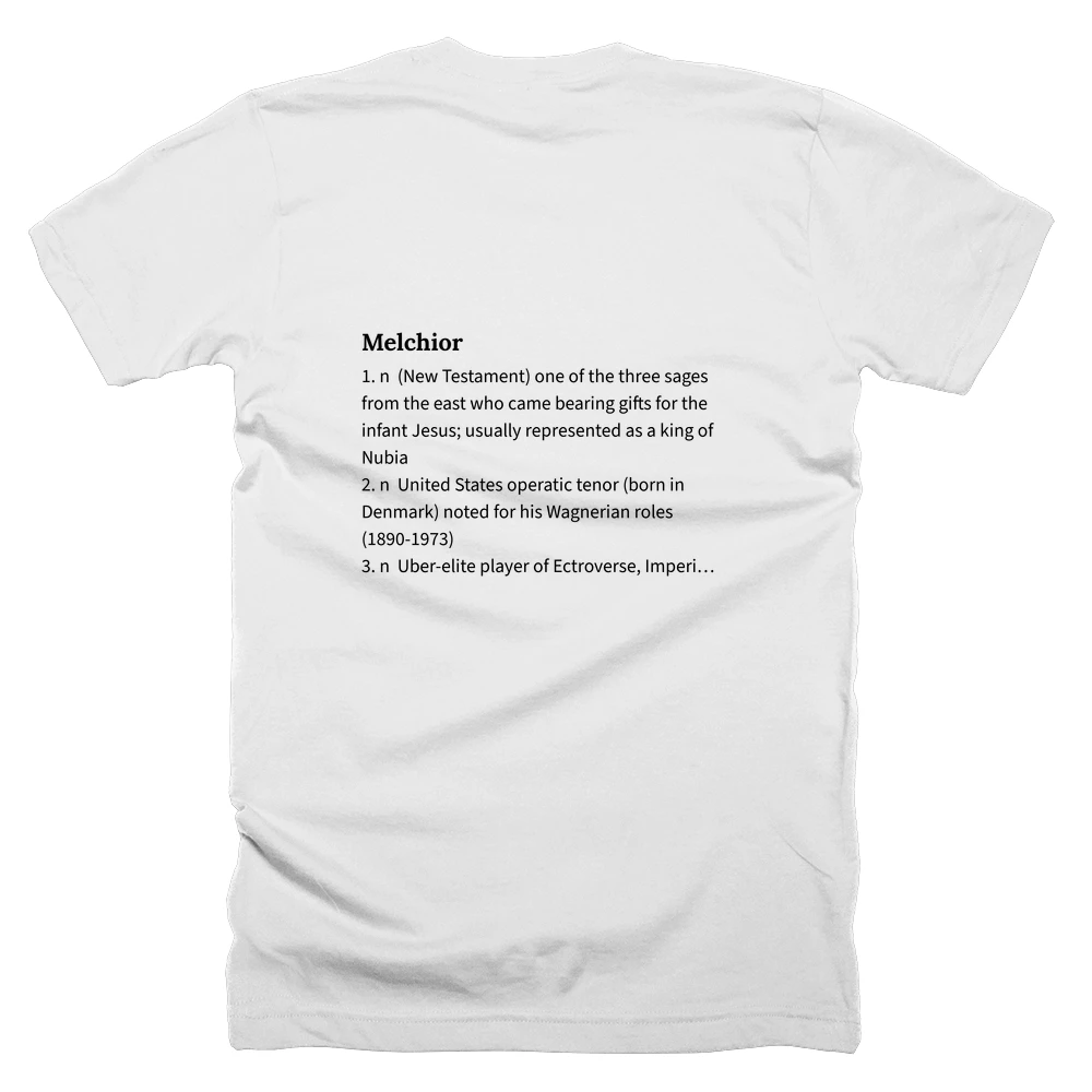 T-shirt with a definition of 'Melchior' printed on the back