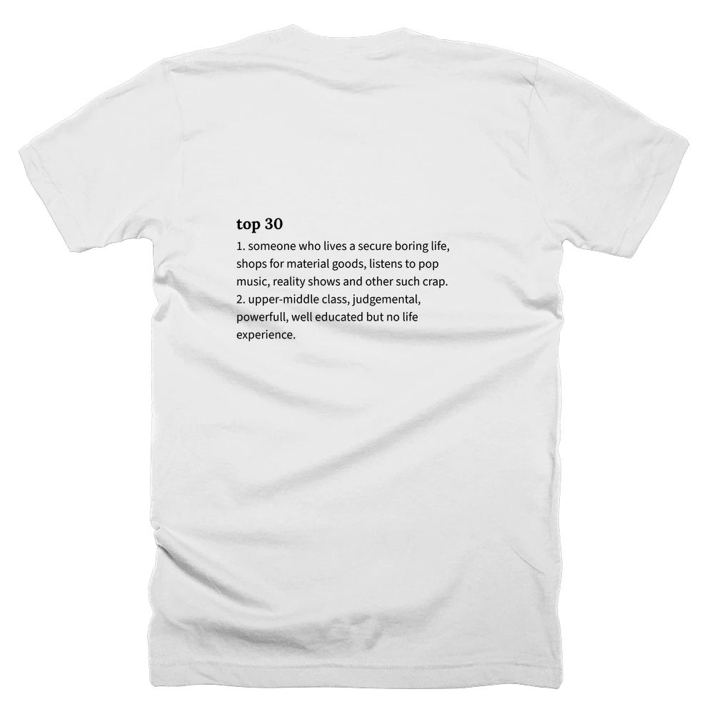 T-shirt with a definition of 'top 30' printed on the back