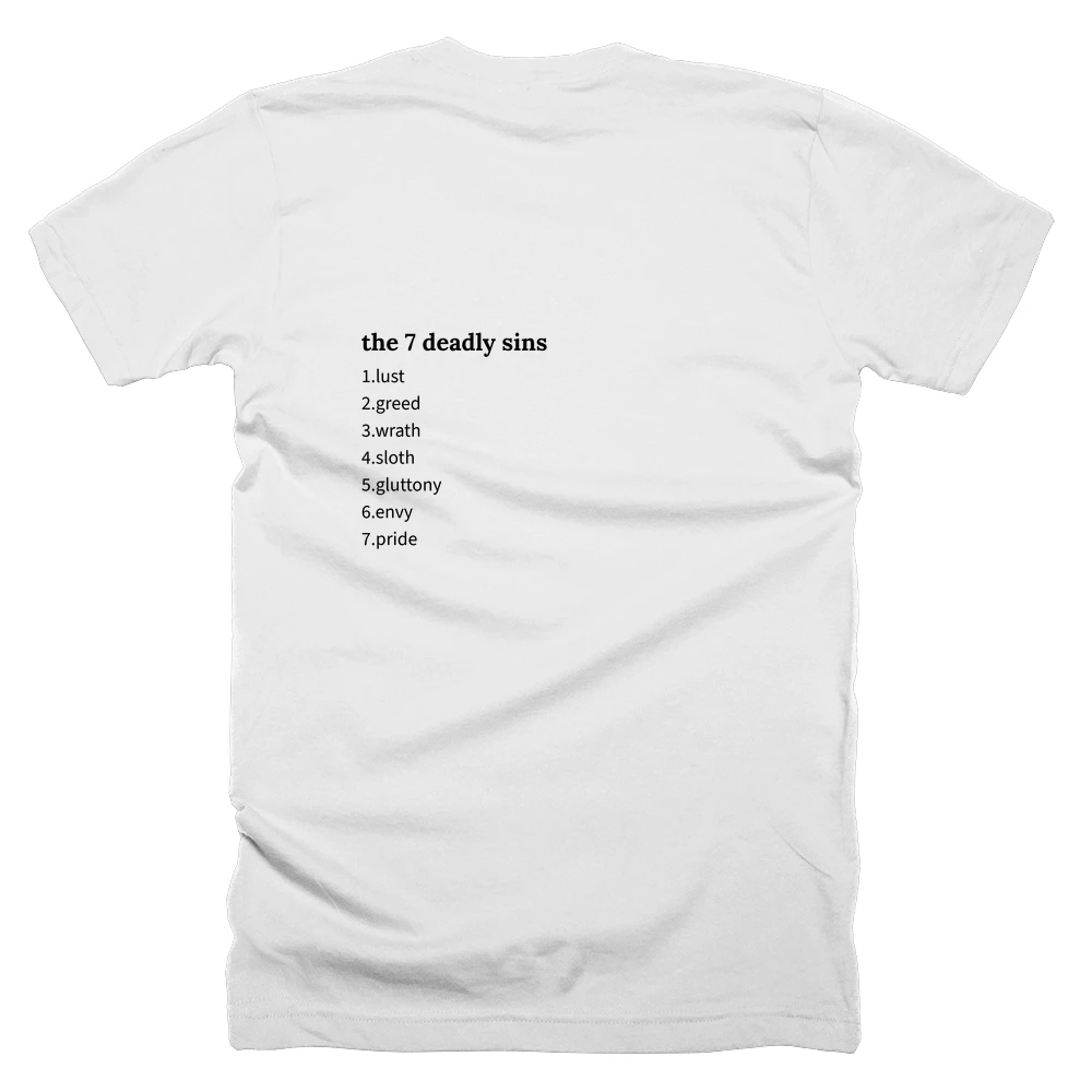 T-shirt with a definition of 'the 7 deadly sins' printed on the back