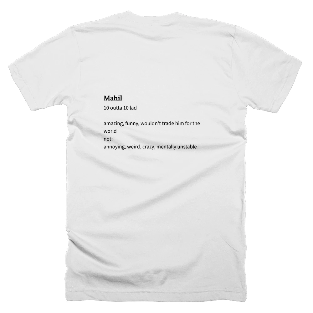 T-shirt with a definition of 'Mahil' printed on the back