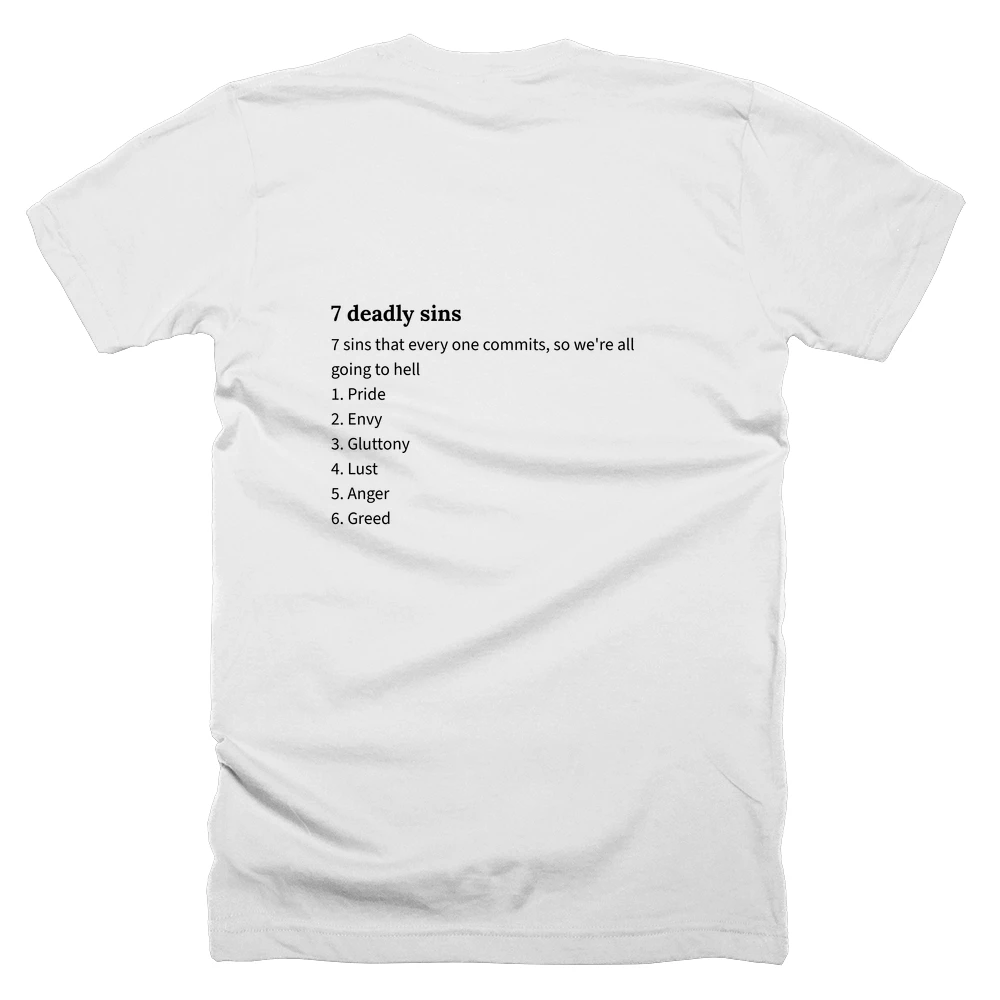 T-shirt with a definition of '7 deadly sins' printed on the back