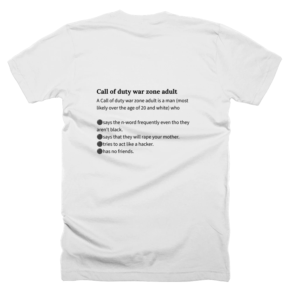 T-shirt with a definition of 'Call of duty war zone adult' printed on the back