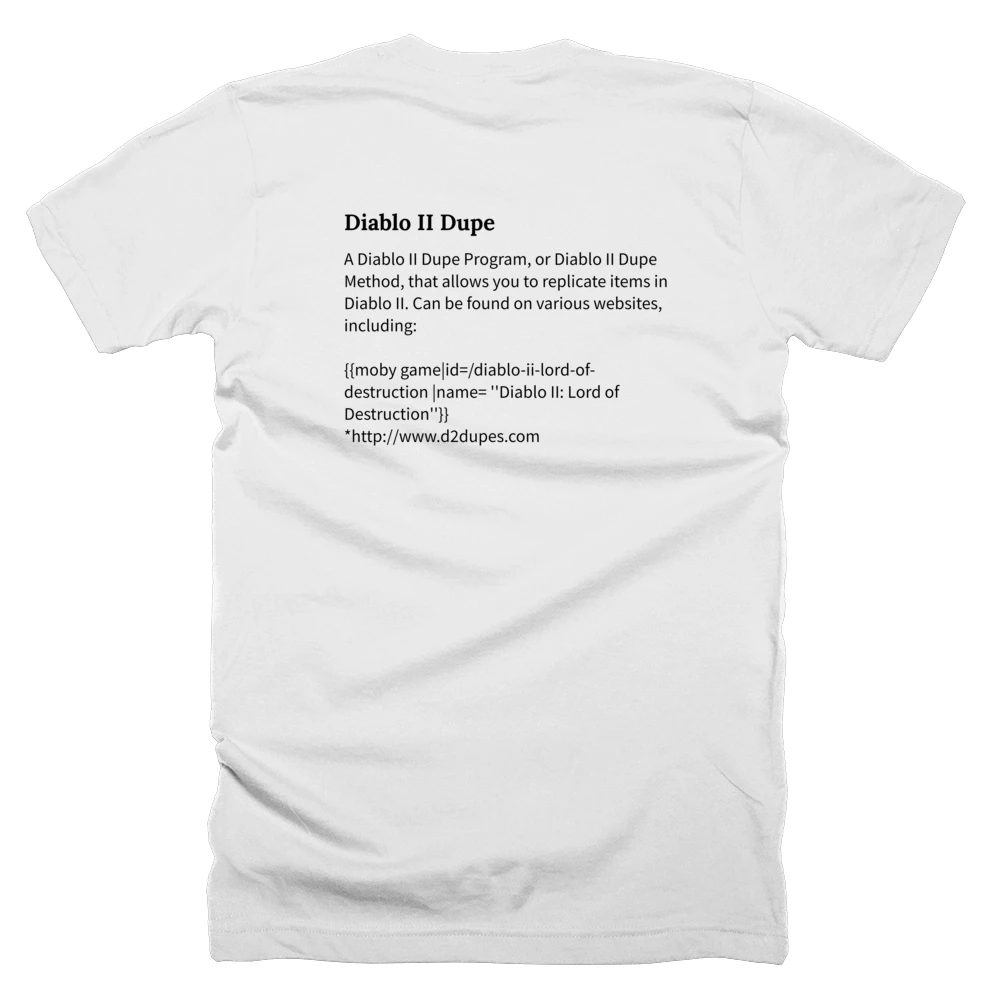 T-shirt with a definition of 'Diablo II Dupe' printed on the back