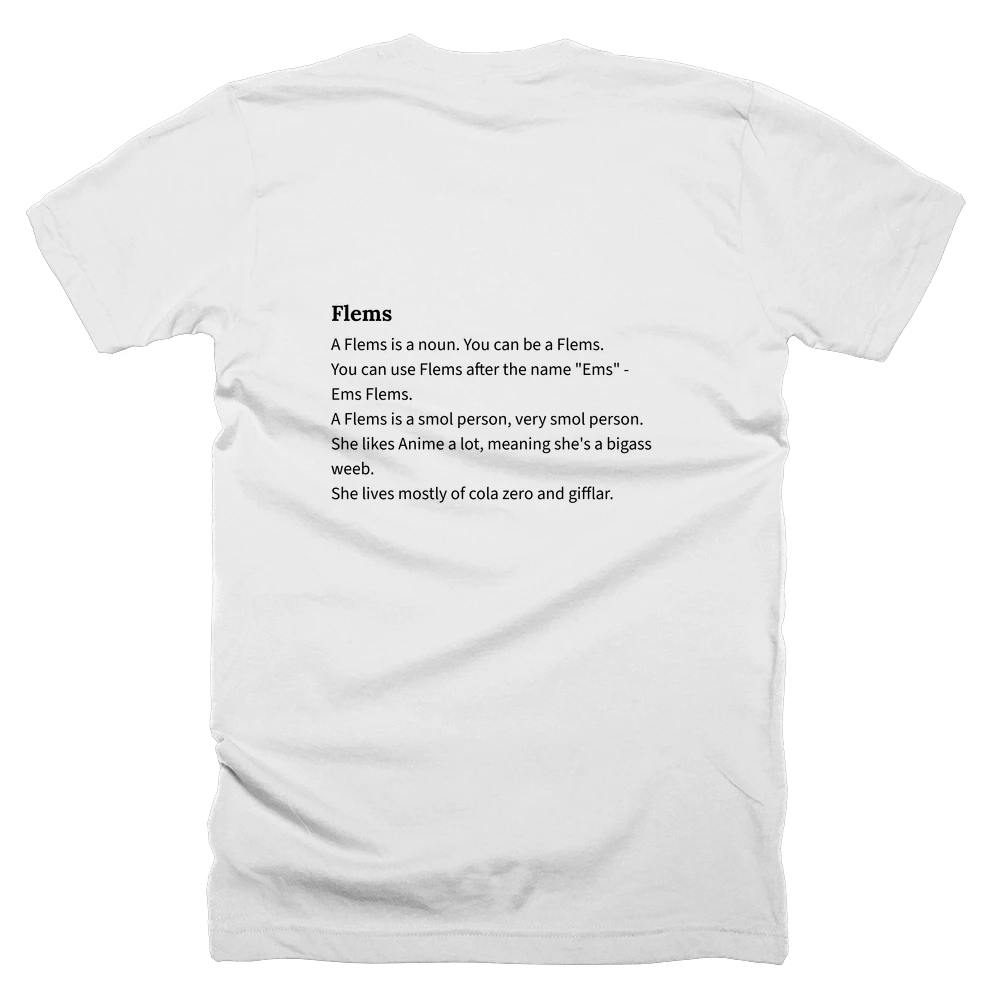 T-shirt with a definition of 'Flems' printed on the back