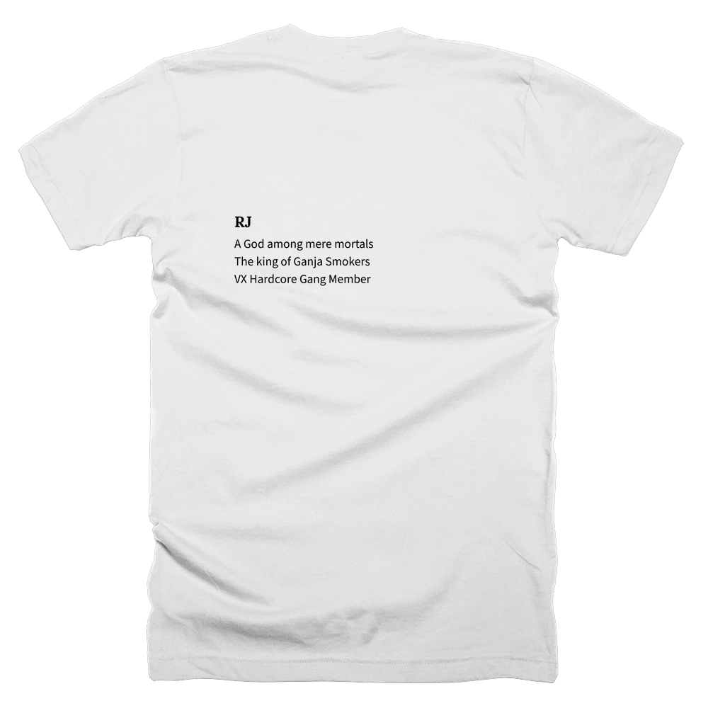 T-shirt with a definition of 'RJ' printed on the back