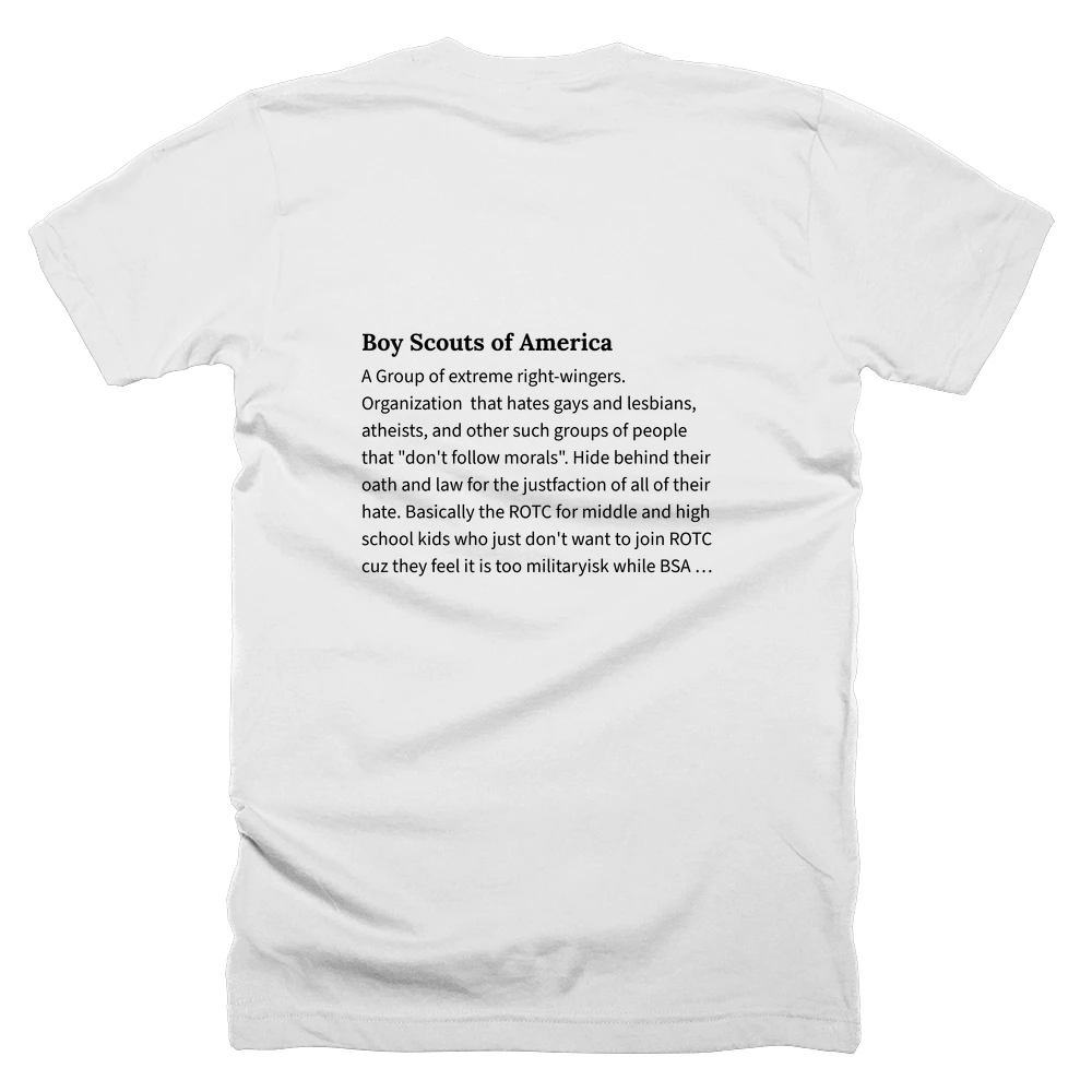 T-shirt with a definition of 'Boy Scouts of America' printed on the back