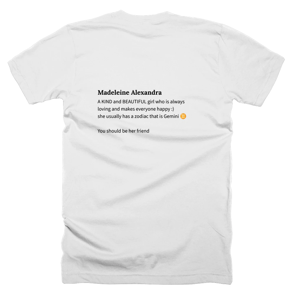 T-shirt with a definition of 'Madeleine Alexandra' printed on the back