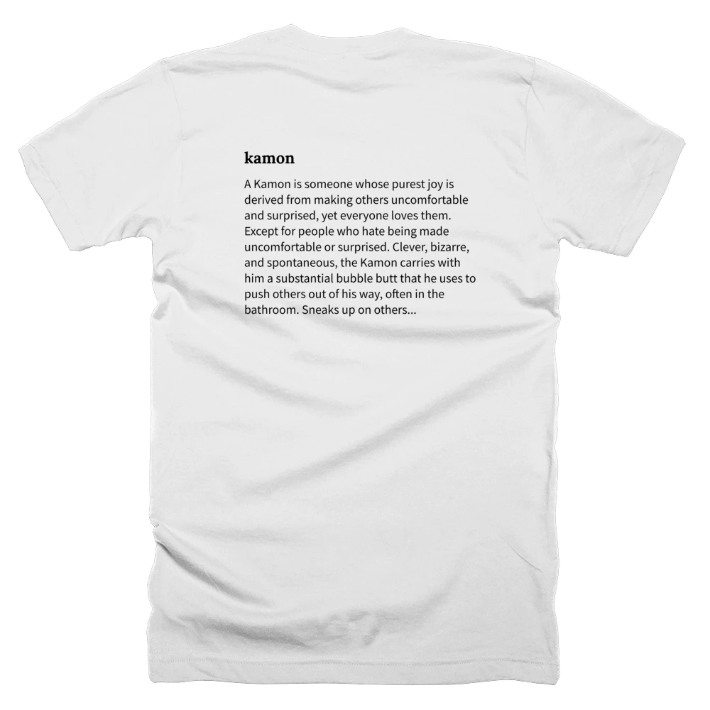 T-shirt with a definition of 'kamon' printed on the back