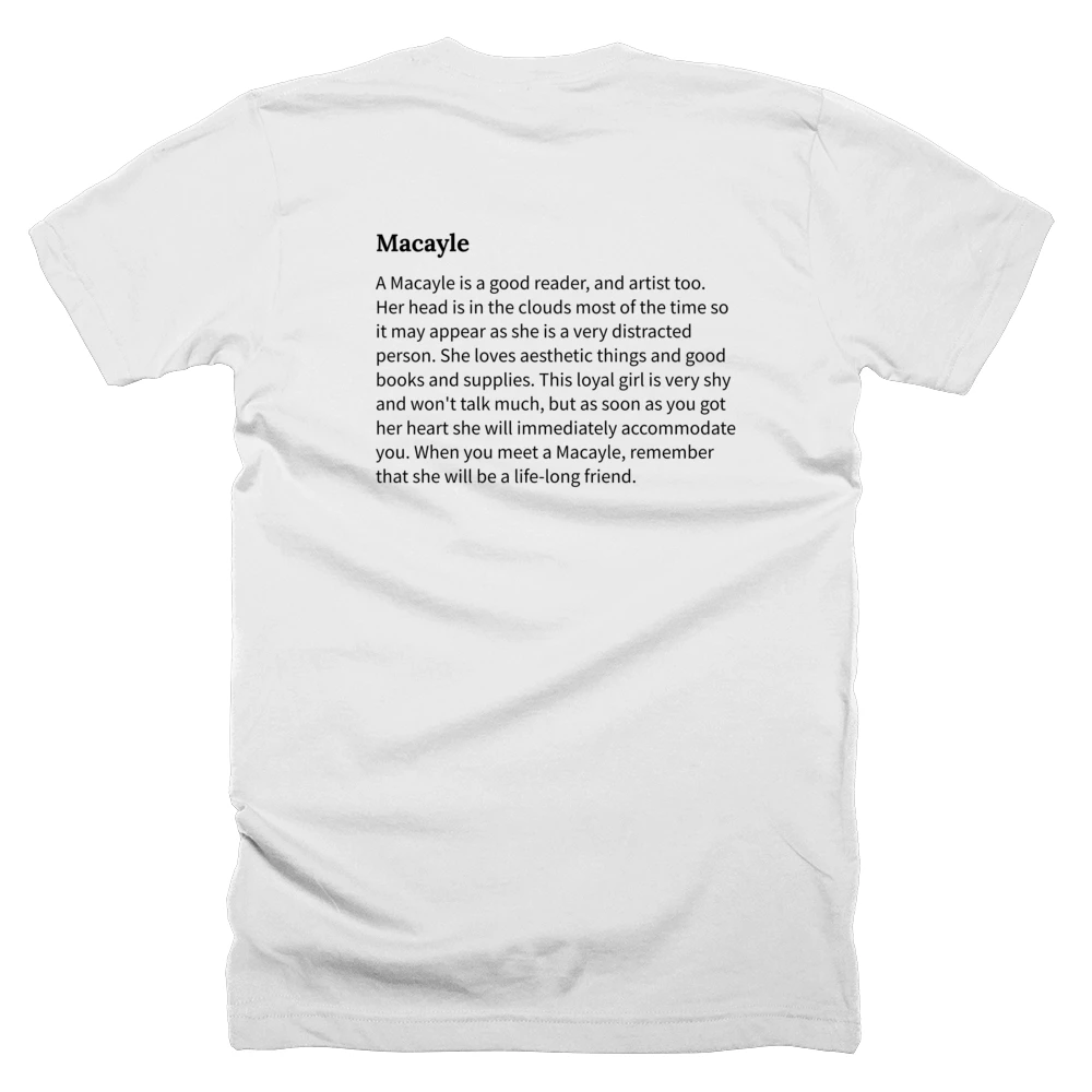 T-shirt with a definition of 'Macayle' printed on the back