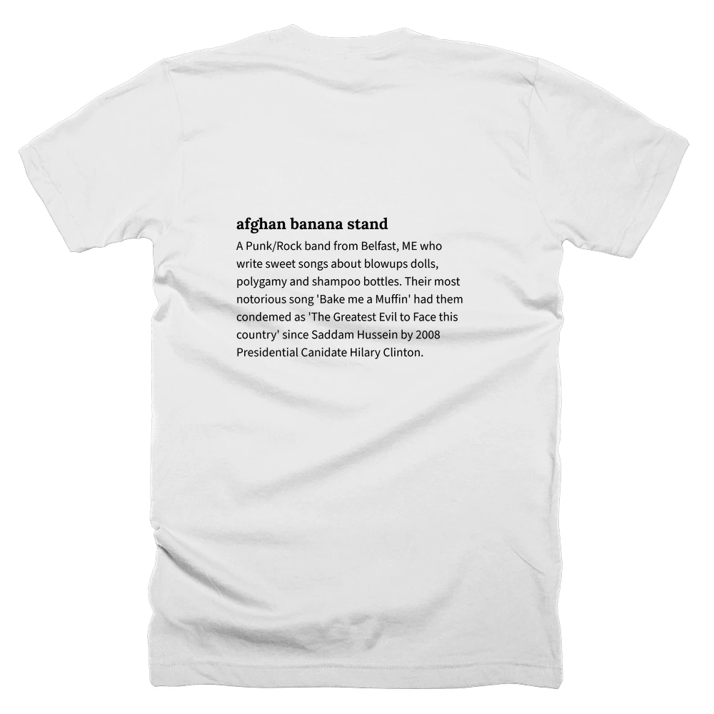 T-shirt with a definition of 'afghan banana stand' printed on the back