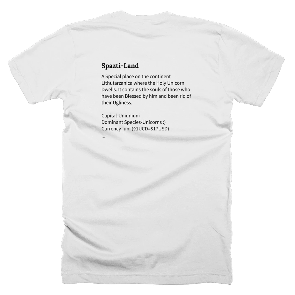 T-shirt with a definition of 'Spazti-Land' printed on the back