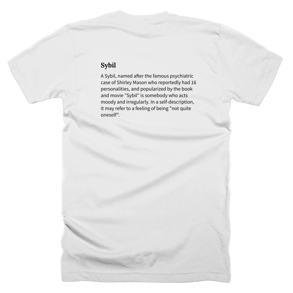 T-shirt with a definition of 'Sybil' printed on the back
