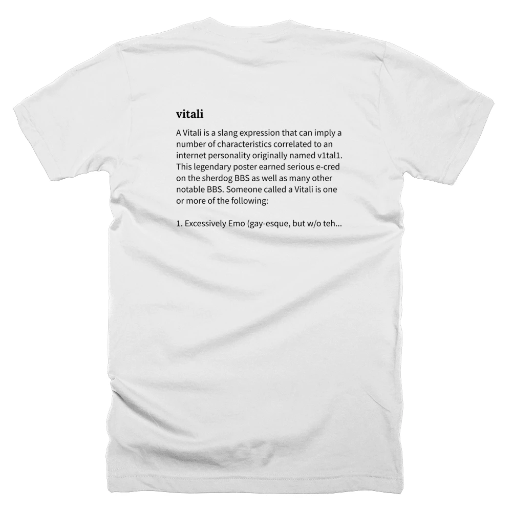 T-shirt with a definition of 'vitali' printed on the back
