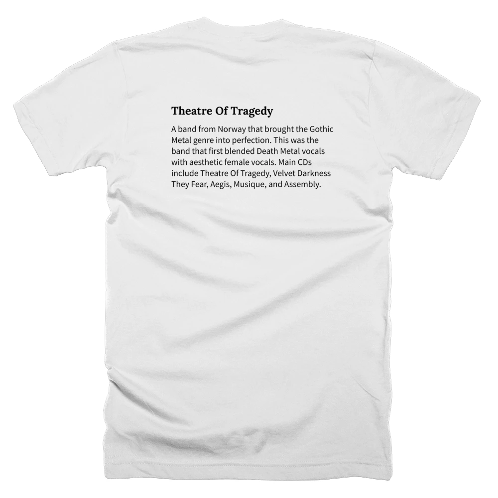 T-shirt with a definition of 'Theatre Of Tragedy' printed on the back