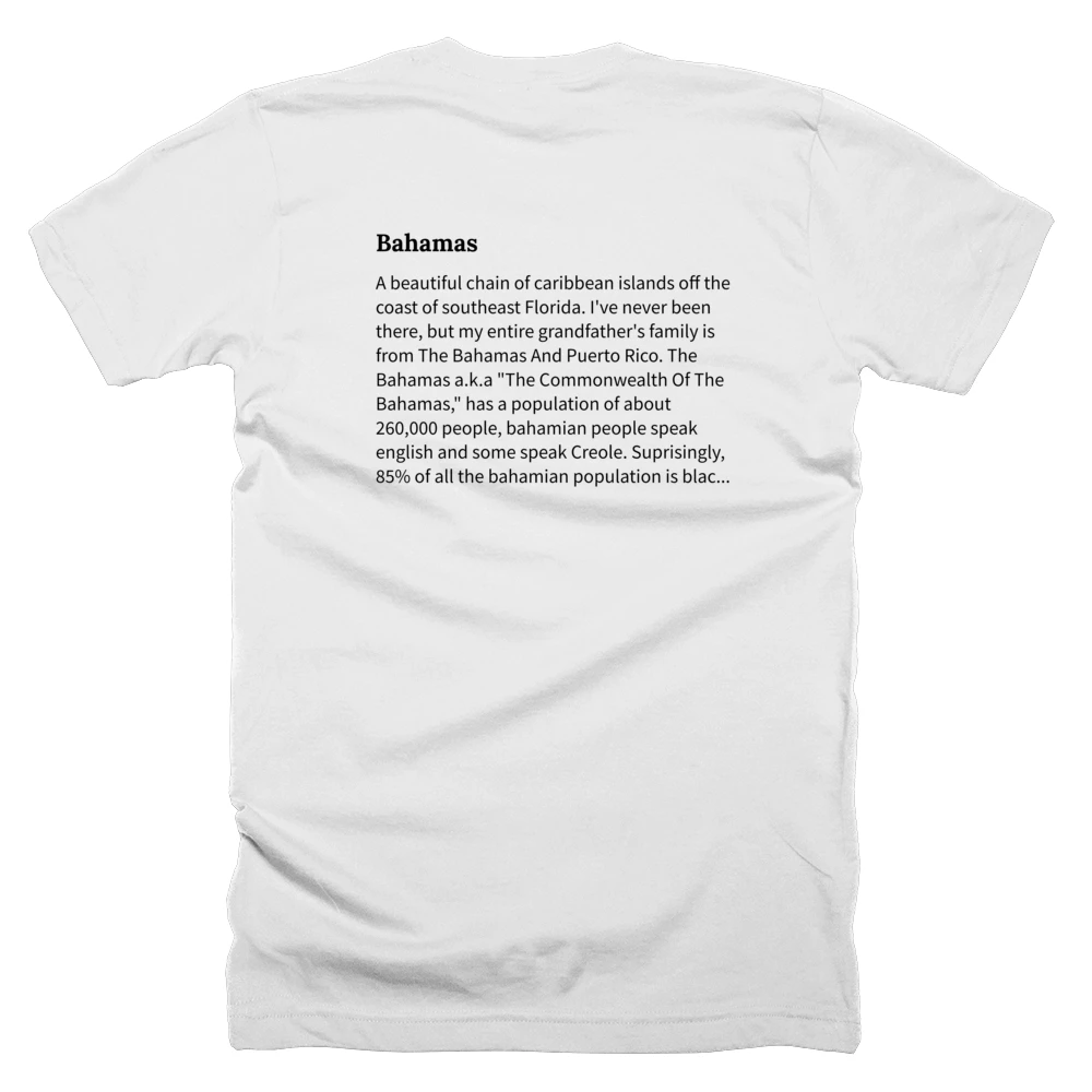 T-shirt with a definition of 'Bahamas' printed on the back