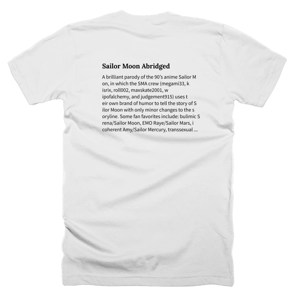 T-shirt with a definition of 'Sailor Moon Abridged' printed on the back
