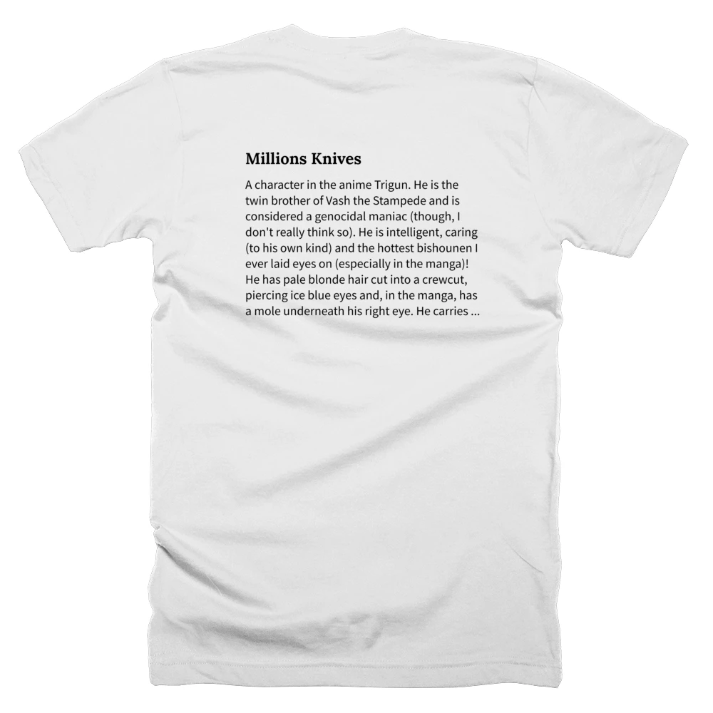 T-shirt with a definition of 'Millions Knives' printed on the back