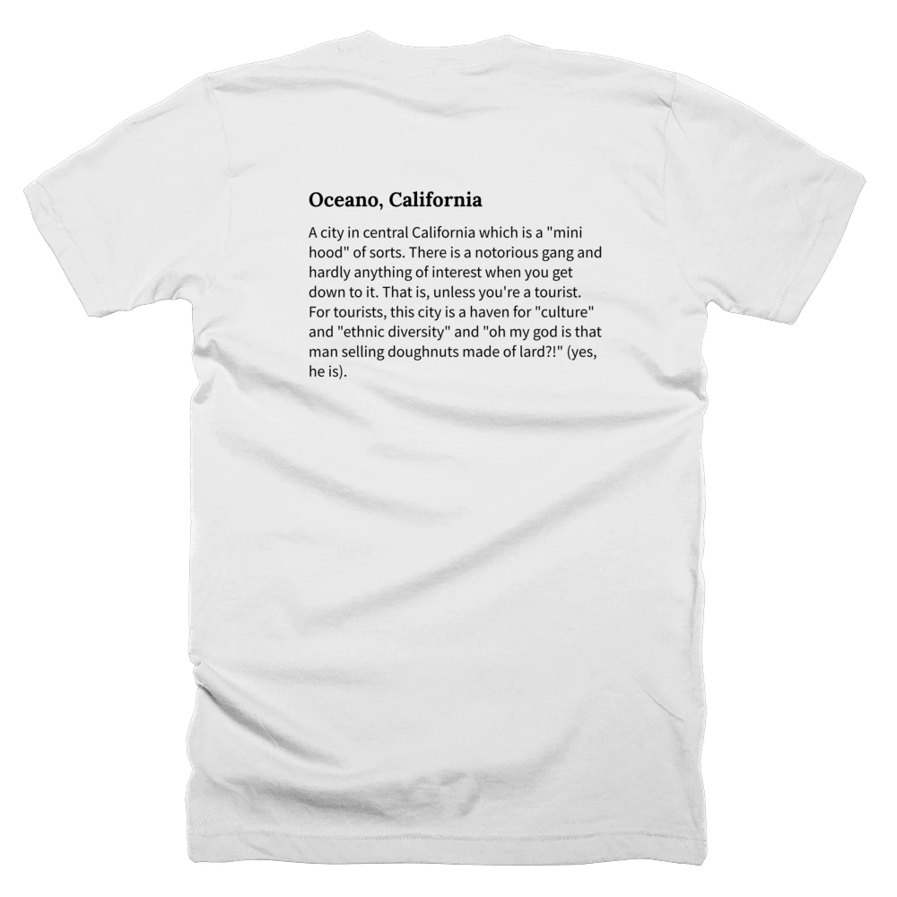 T-shirt with a definition of 'Oceano, California' printed on the back