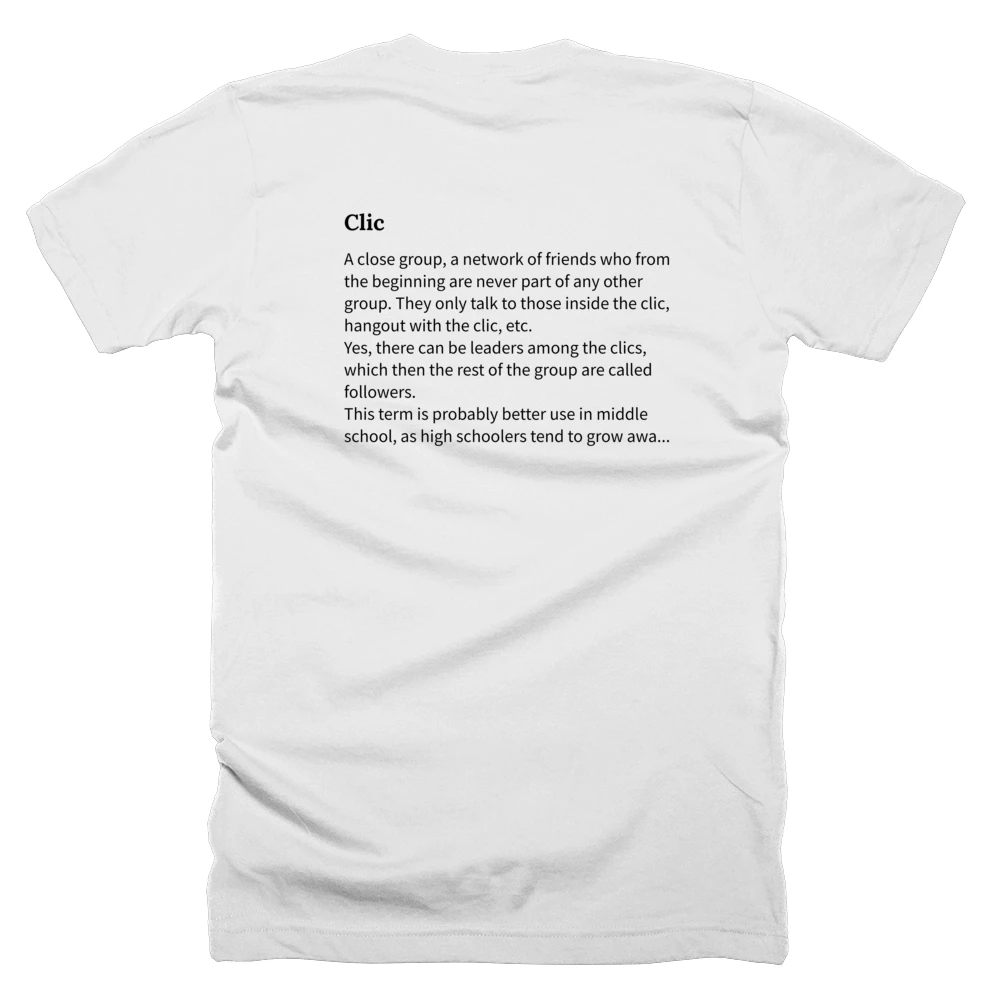 T-shirt with a definition of 'Clic' printed on the back
