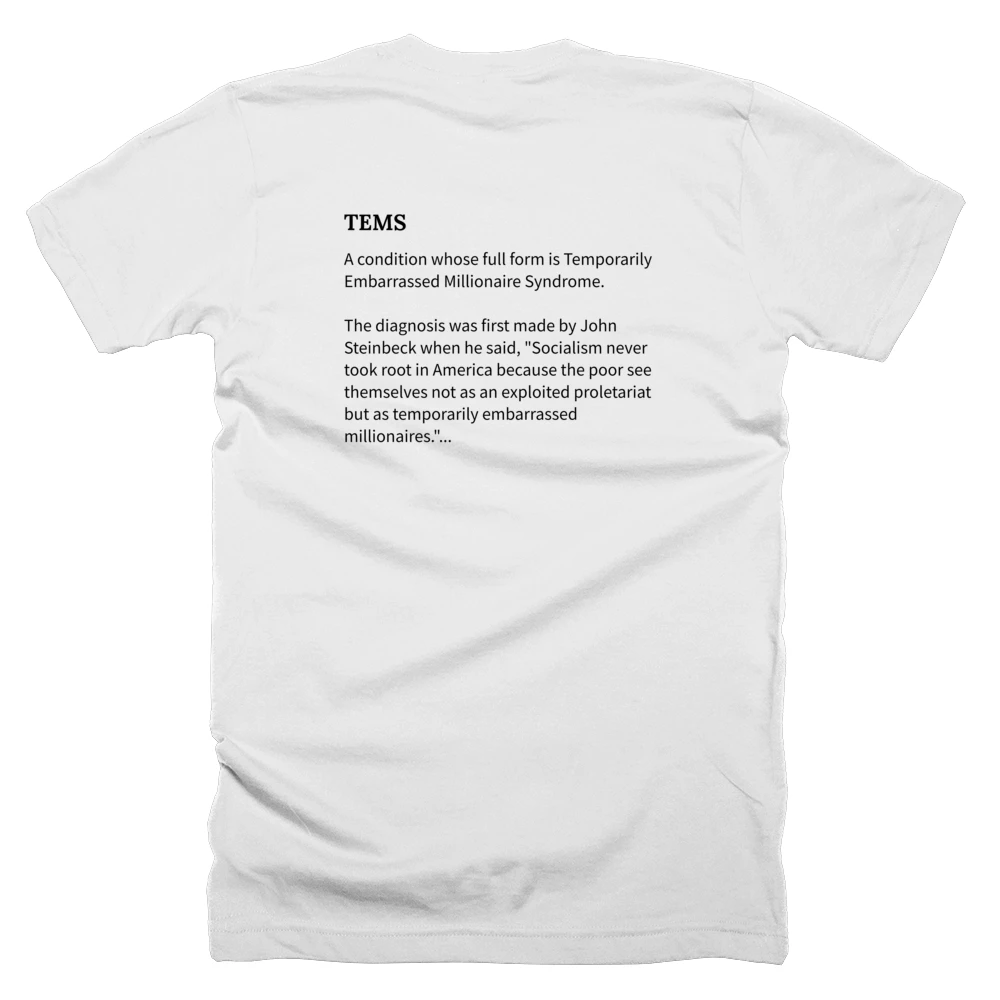 T-shirt with a definition of 'TEMS' printed on the back
