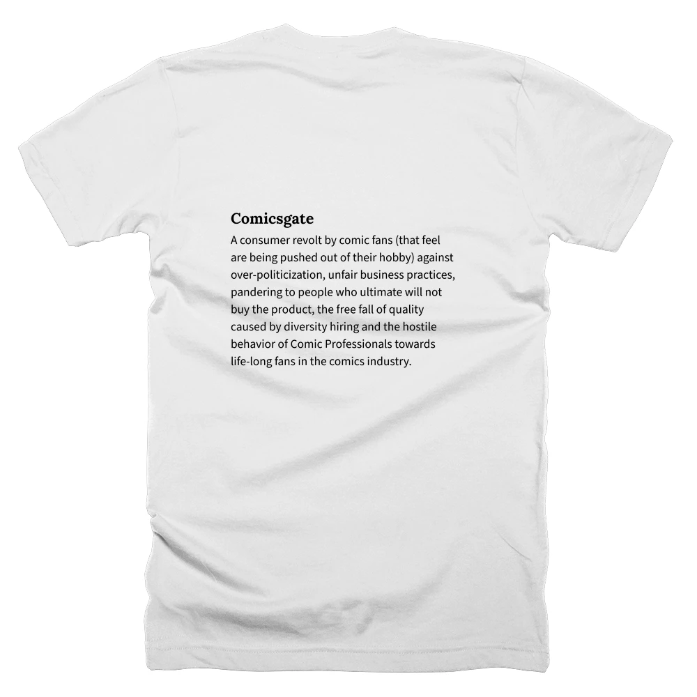 T-shirt with a definition of 'Comicsgate' printed on the back