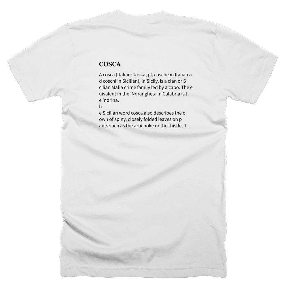 T-shirt with a definition of 'COSCA' printed on the back