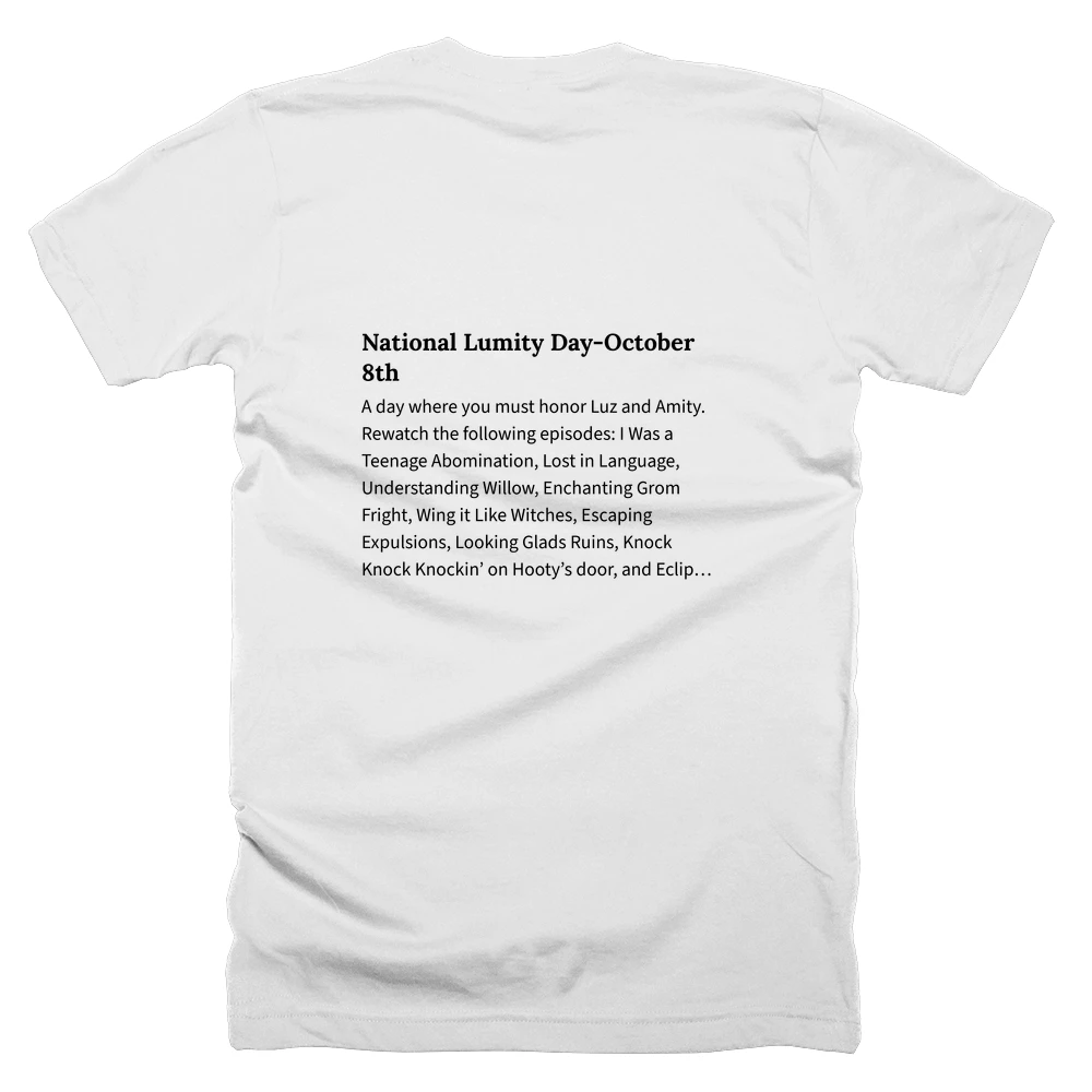 T-shirt with a definition of 'National Lumity Day-October 8th' printed on the back