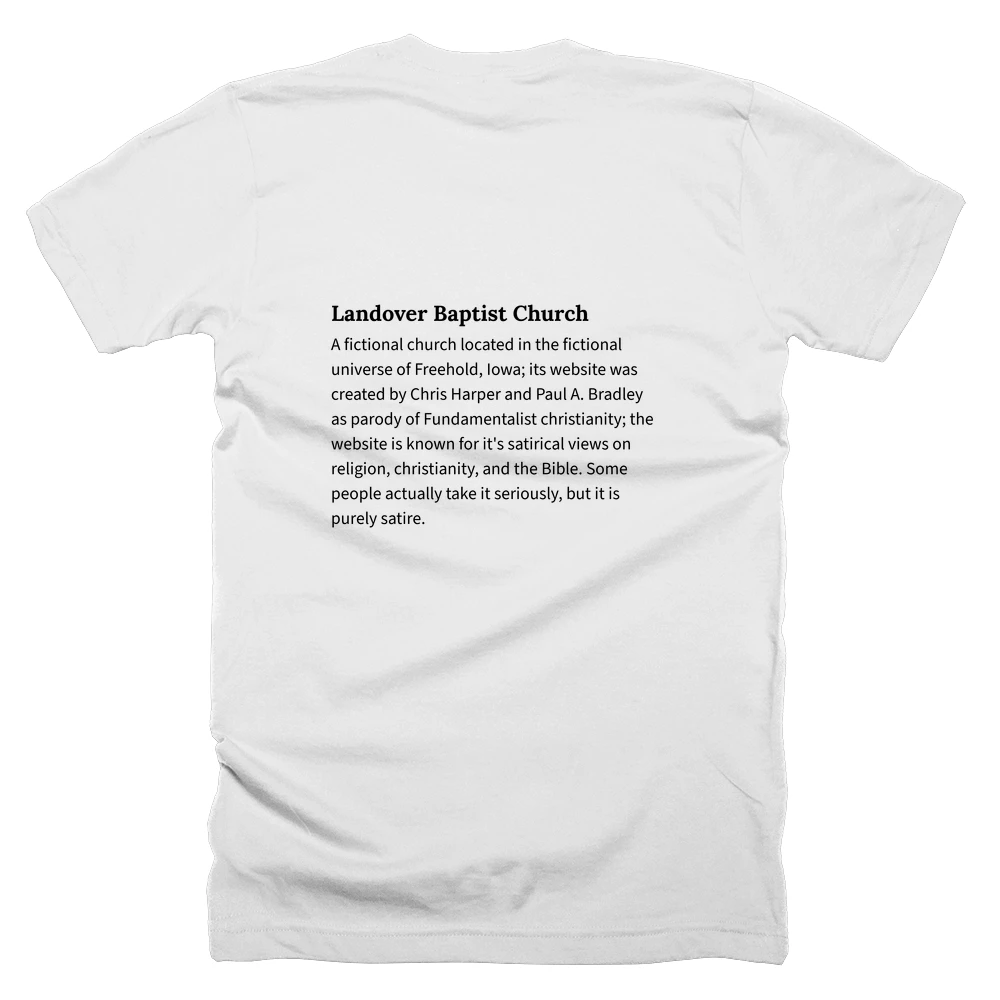 T-shirt with a definition of 'Landover Baptist Church' printed on the back