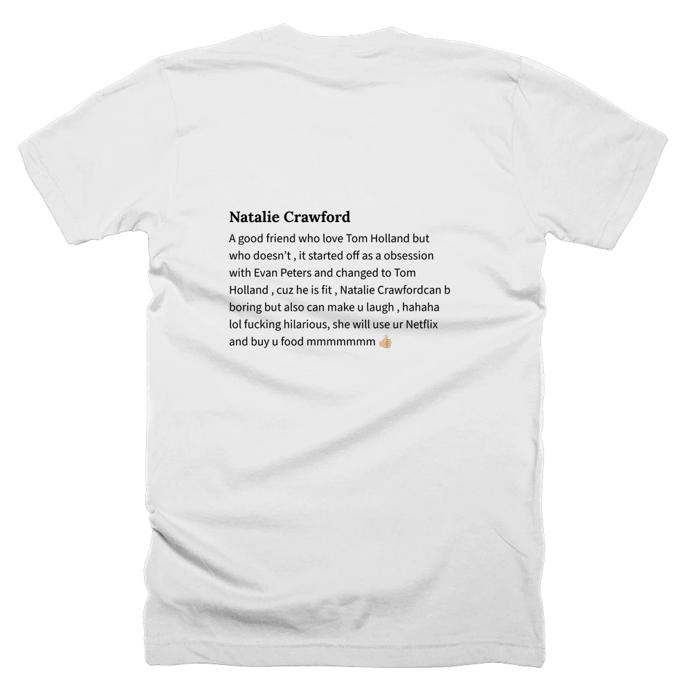 T-shirt with a definition of 'Natalie Crawford' printed on the back