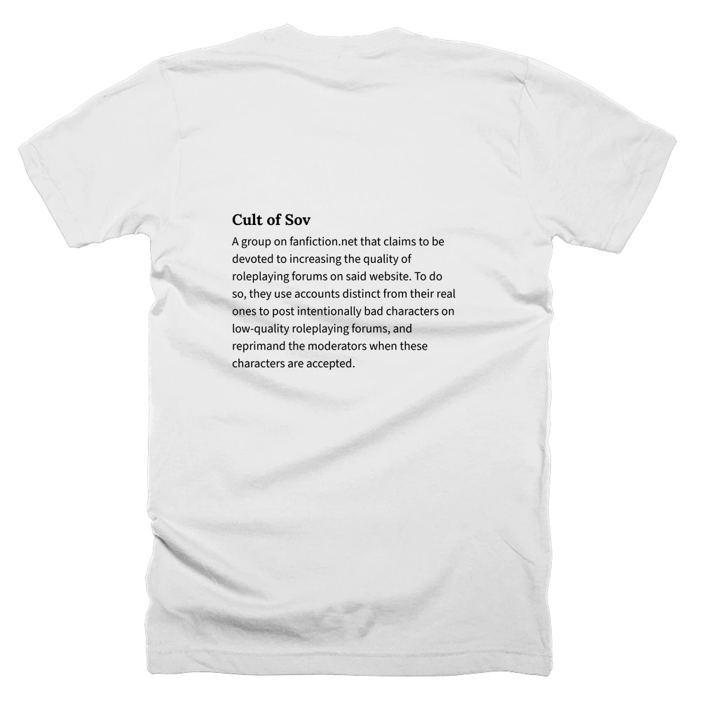 T-shirt with a definition of 'Cult of Sov' printed on the back