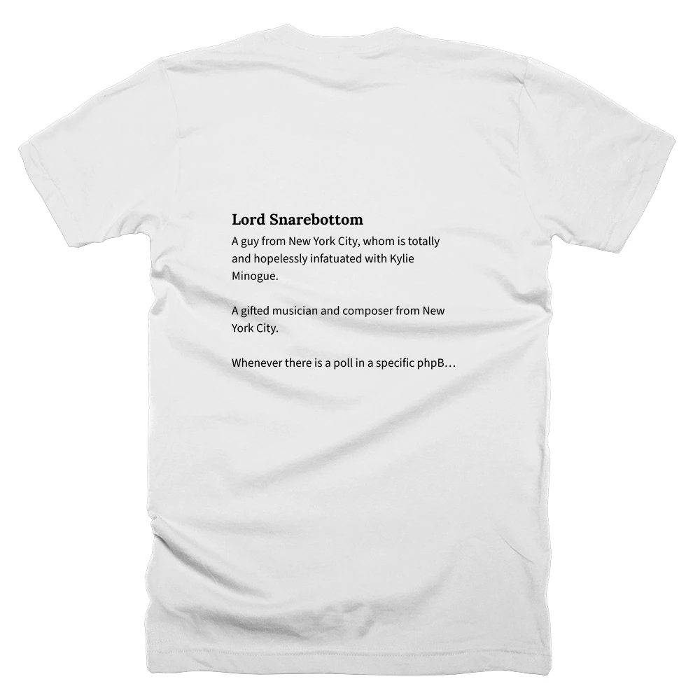 T-shirt with a definition of 'Lord Snarebottom' printed on the back