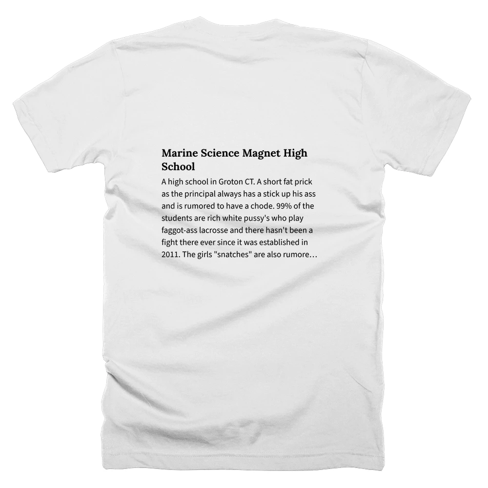 T-shirt with a definition of 'Marine Science Magnet High School' printed on the back