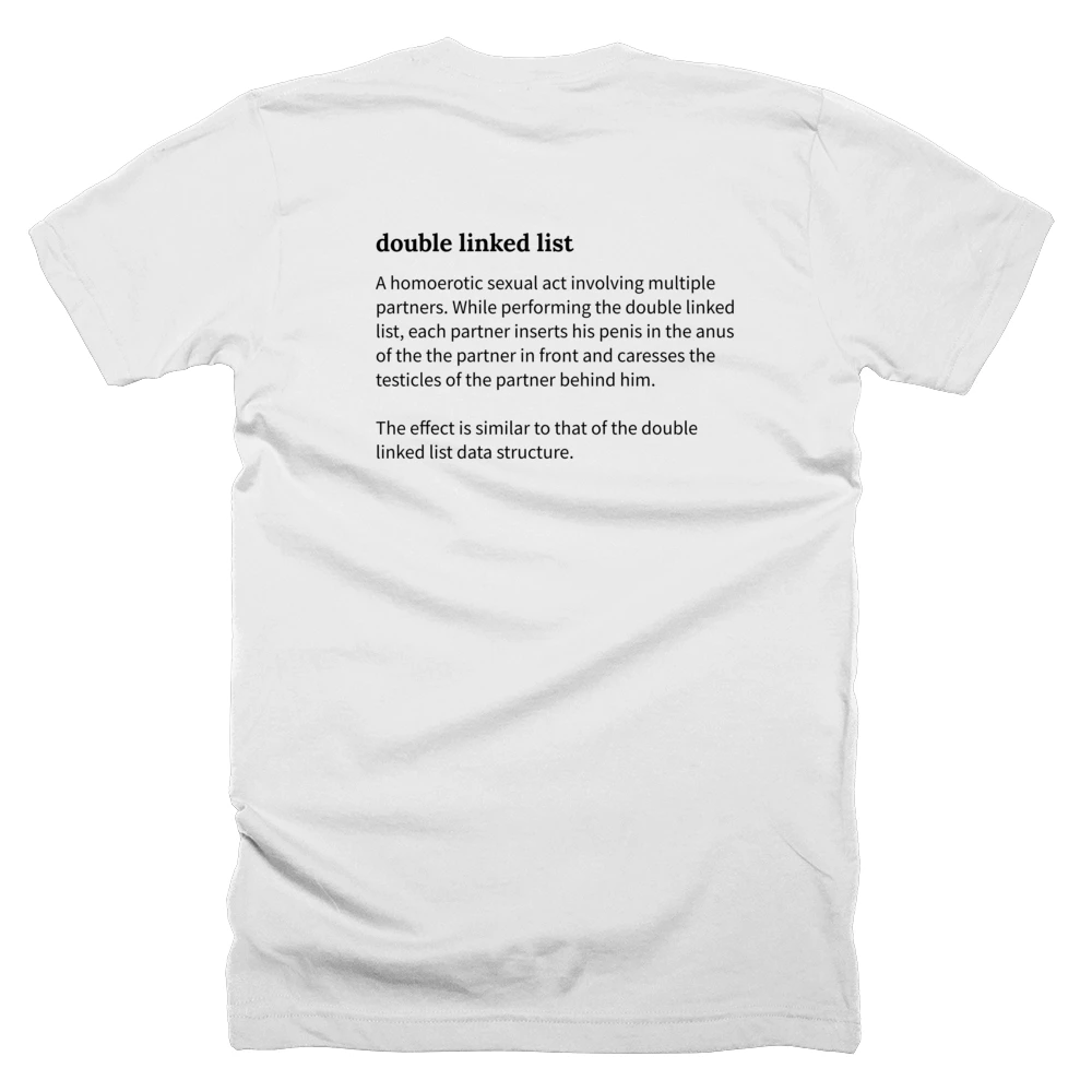 T-shirt with a definition of 'double linked list' printed on the back