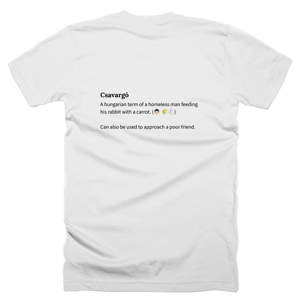 T-shirt with a definition of 'Csavargó' printed on the back