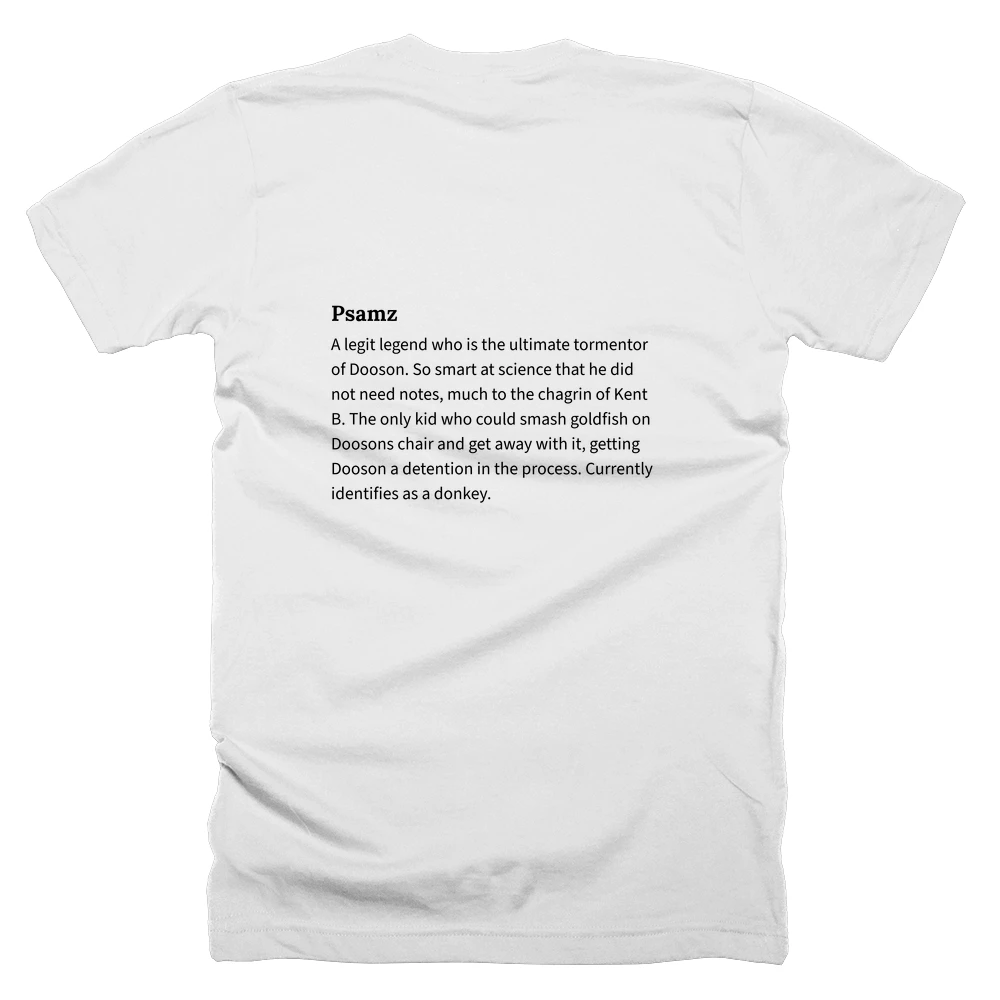 T-shirt with a definition of 'Psamz' printed on the back